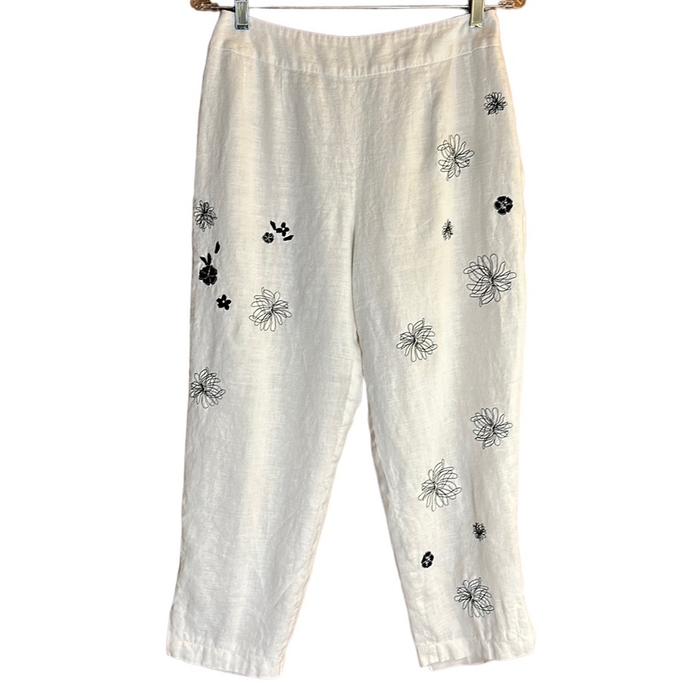 Harve Benard Cropped Linen Pants with Embroidered Flower Designs. Side Zip